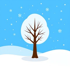 Winter Tree Covered in Snow Falling Snowflakes Blue Sky.