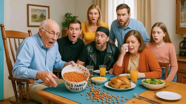 Elderly man and shocked family uncover hidden secrets at dinner table with surprise reactions. Concept of idiom Spill the beans