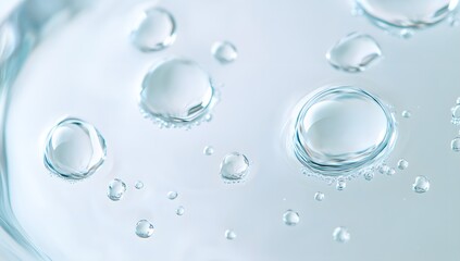 Clear water drops and bubbles scattered lightly on a white background.