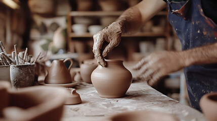 Potter shaping a clay vase in a workshop filled with pottery tools and unfinished pieces