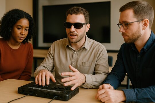Three colleagues collaborate around a braille display device during an accessibility-focused discussion in a modern office setting.