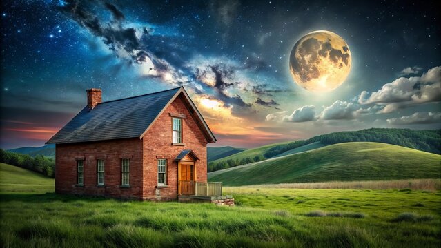 Rustic house with vintage brick stone walls glowing under single full moonlight, starry night sky creating a magical and amazing serene atmosphere
