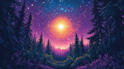 Forest view with brilliant celestial light