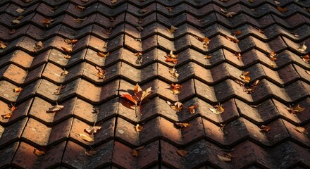 A detailed close-up view of a terracotta tiled roof, showcasing autumn leaves and intricate shadows cast by the sunlight.
