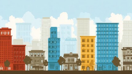 Colorful city skyline illustration with various building types.