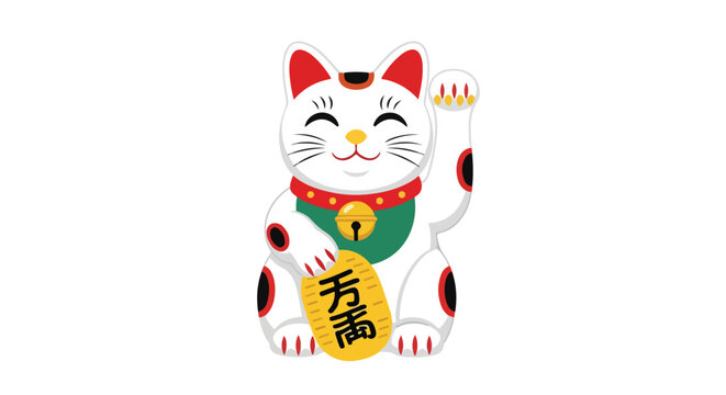 Illustrative maneki neko icon with raised paw and symbolic gold coin displaying traditional japanese culture
