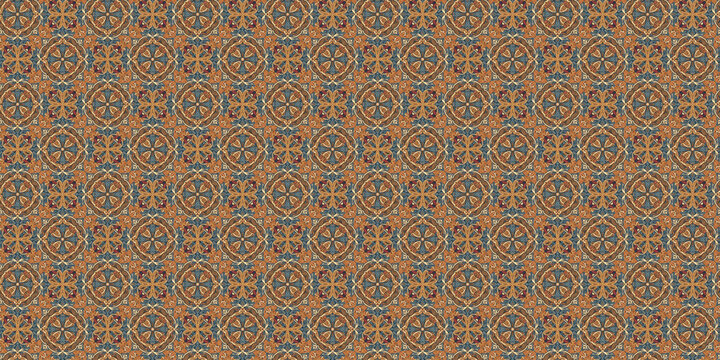 Seamless pattern featuring Armenian ornamental art, with motifs from medieval cross-stones (khachkars), intricate floral and vine patterns, and warm earthy tones like ochre, red, and deep blue