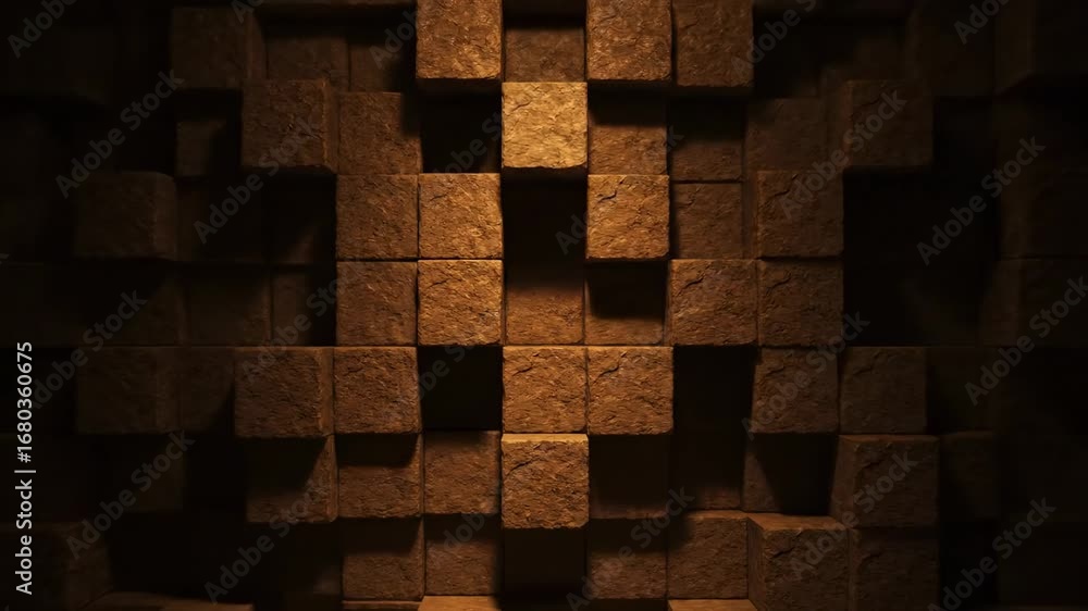 Poster illuminated dark brown cubic block wall - a textured wall composed of dark brown cubic blocks is ill