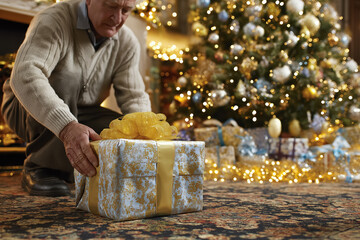 Elderly man placing wrapped gift under christmas tree with lights and ornaments