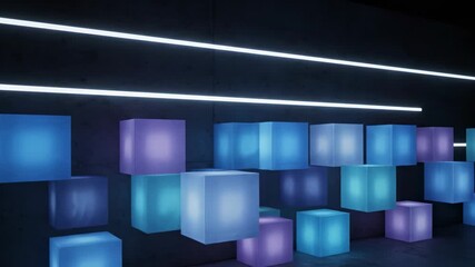 Illuminated Geometric Cubes on Concrete Wall - Glowing translucent cubes of varying blue and purple hues float against a dark concrete wall backdrop, illuminated by bright white LED strips. - Powered by Adobe