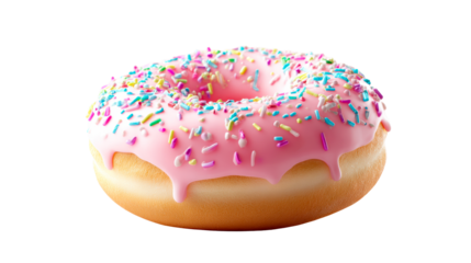 Sweet pink frosted doughnut with colorful sprinkles on a transparent background, cut out transparent