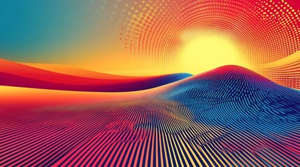 Sunrise over wavy, striped sand dunes. Halftone sun glows above. Warm and cool colors blend
