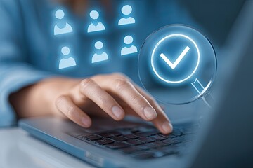 Close-up of hands on a laptop keyboard, overlaid with person icons and a magnifying glass with a check mark