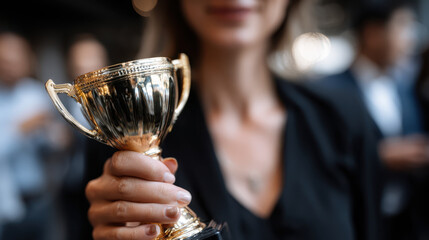 Woman holding golden trophy cup with blurred people background showing success and achievement