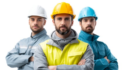 Three men wearing hard hats and work jackets with arms crossed, cut out transparent