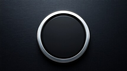 Simple circle button. Shiny metallic ring surrounds a dark matte circle on textured black background