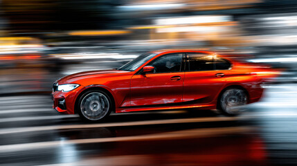 Red car driving fast on city street at night with motion blur and light streaks