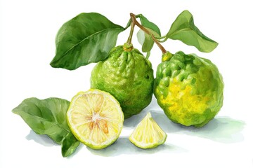 Bergamot Drawing: Watercolor Citrous Fruit Botanical Illustration