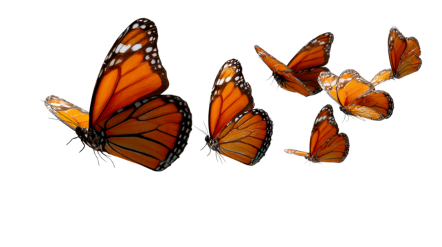 A group of monarch butterflies in flight with orange and black wings isolated on white, cut out transparent