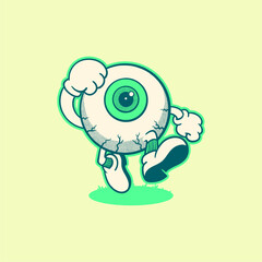A Halloween eyeball cartoon character. Groovy, retro, mascot, icon, vintage, funny, comic, icon, vector, icon, illustration, logo, sticker, editable
