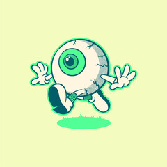 A Halloween eyeball cartoon character. Groovy, retro, mascot, icon, vintage, funny, comic, icon, vector, icon, illustration, logo, sticker, editable