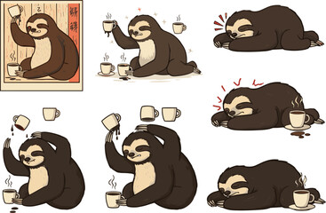 Cute cartoon sloth with coffee, funny sleepy sloth illustrations, relaxing lazy animal, spilling coffee, adorable coffee lover art set
