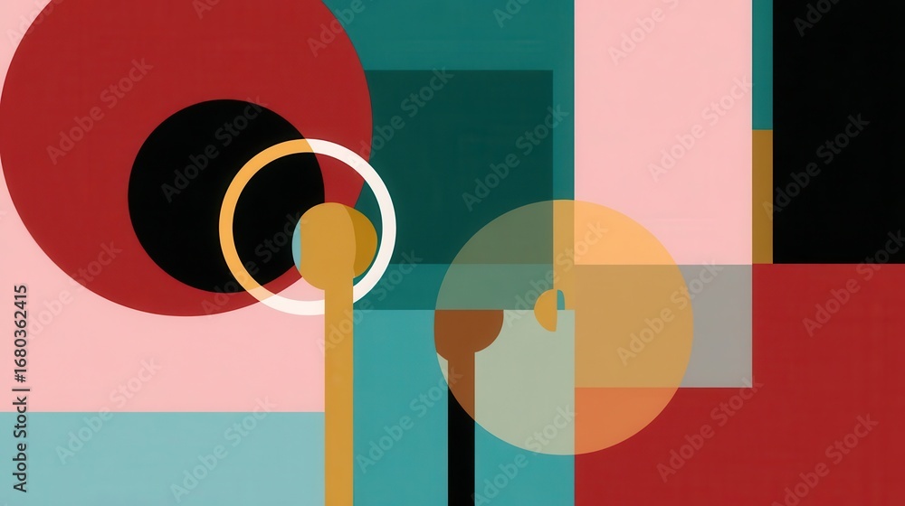 Poster abstract geometric design with overlapping shapes and colors.