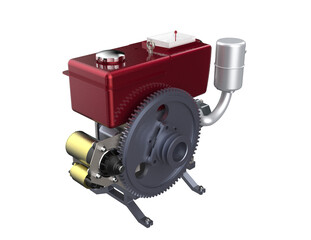 Efficient Single-Cylinder Diesel Engine with Gold Electric Starter. Modern 3D Render: Detailed Engineering Design for Power Generation, Agriculture and Construction Equipment. Isolated on Transparent
