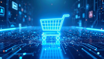 Glowing shopping cart icon on digital circuit board