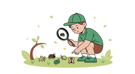 A Young Boy Outdoors Discovering Insects With a Magnifying Glass Curiosity and Exploration
