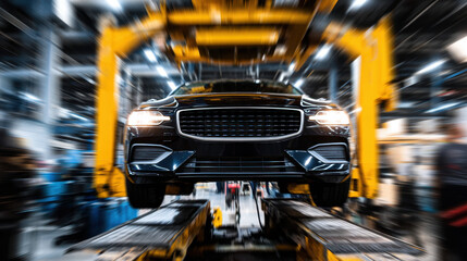 Black car lifted in auto repair shop with dynamic motion blur effect showing speed and modern technology