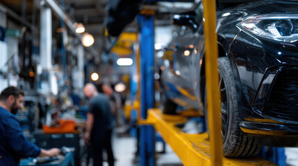 Fototapeta premium Car repair shop with black car on hydraulic lift and mechanics working in background with focused atmosphere