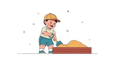 A young boy playing in a sandbox with a shovel on a sunny day at the park or playground setting