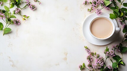 Coffee in white cup & saucer on mottled surface, floral frame of pink blooms with green leaves