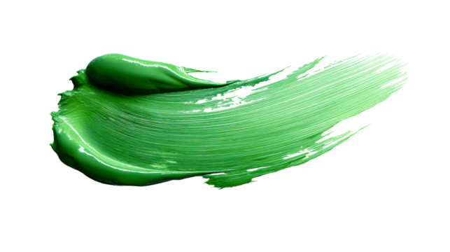 Green paint stroke swatch with textured lines on transparent background, cut out transparent