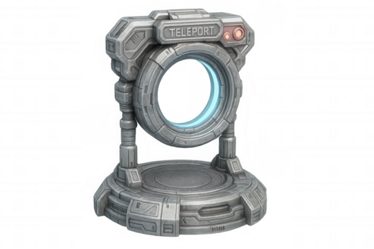 Futuristic teleport machine creating glowing energy portal on transparent background, perfect for science fiction or video game projects