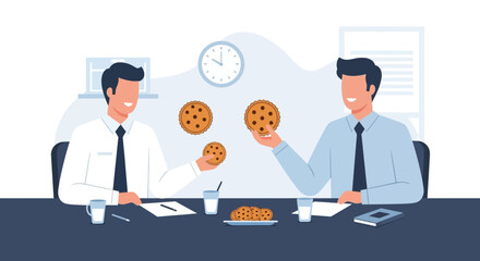 Two Business People Sharing Sweet Treat Cookies, Engaging In Delightful Conversation During