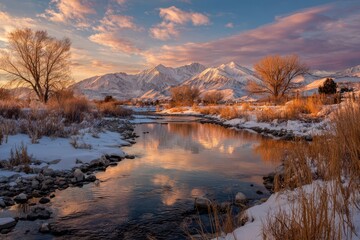 Fototapeta premium Bishop California. Sierra Nevada Sunrise over Snow-Covered Owens River