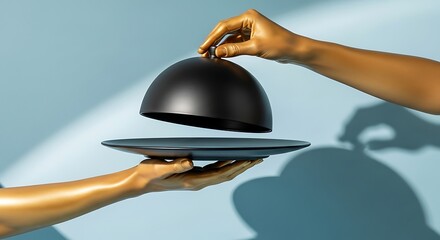 Luxury restaurant service concept with golden hands holding a serving platter