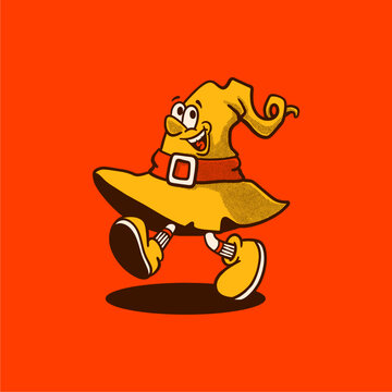 A Halloween witch hat cartoon character. Groovy, retro, mascot, icon, vintage, funny, comic, icon, vector, icon, illustration, logo, sticker, editable