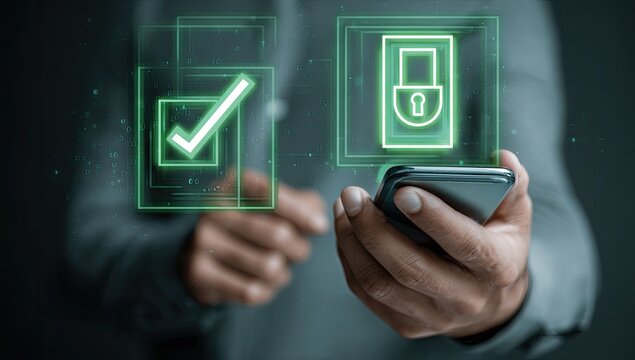Person holding phone with security checkmark and lock icons