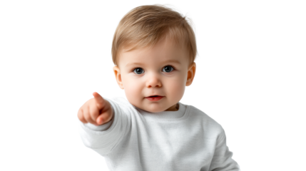 Close-up of an adorable baby pointing forward with a curious expression, cut out transparent