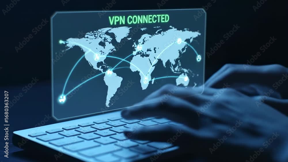 Poster secure vpn connection on laptop - hands typing on a laptop keyboard with a transparent interface dis