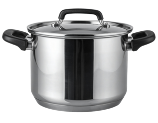 A shiny stainless steel cooking pot with two sturdy black handles, shown from a clean 431578