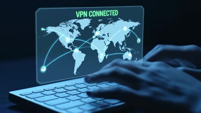 Secure VPN Connection on Laptop - Hands typing on a laptop keyboard with a transparent interface displaying a world map and the words "VPN CONNECTED".
