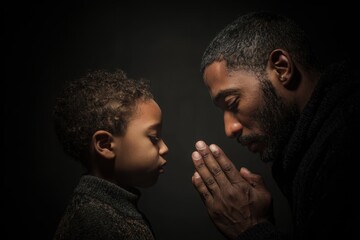 Black Father Praying. Adult and Child Believing Together in Dark Background