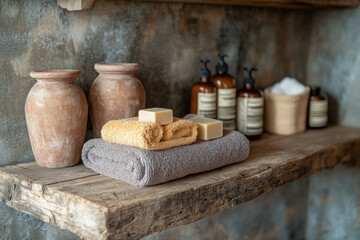 Fototapeta premium Towels, soaps, and bottles neatly arranged on a shelf.