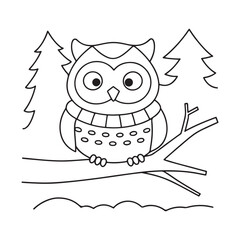 Cute cartoon owl wearing a scarf sitting on a tree branch with pine trees in the background illustration