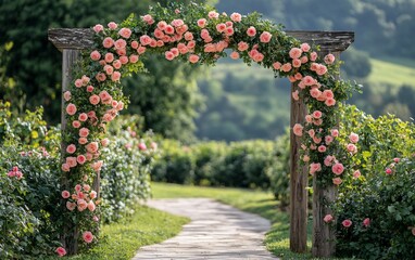Flowered archway over a stone path, leading into a lush green garden on a sunny day