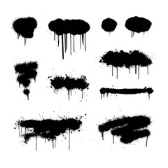Spray graffiti texture with smudges and drops. Street aerosol clouds vector templates. Spray paint shapes, graffiti mockups, stencil. Street art with splashes and dripping paint. Vector aerosol set